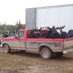 View from the side of the truck with the stack of chairs.